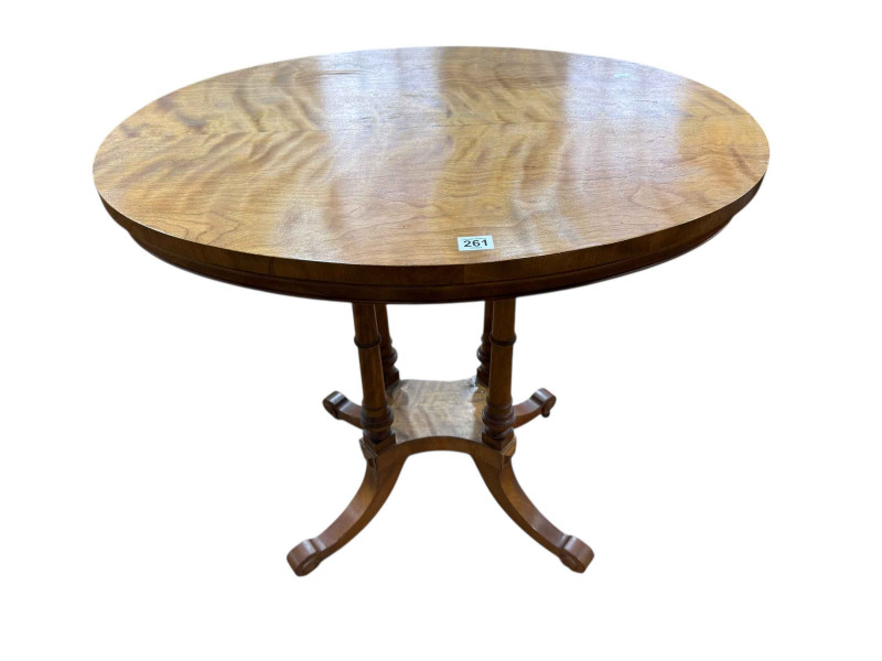 Victorian oval walnut occasional table on four turned pillars to four scrolled legs, 72.5 x 76.5 x 57.5cm.