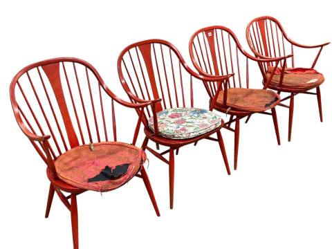 Set of four vintage Ercol Red Windsor elbow chairs.
