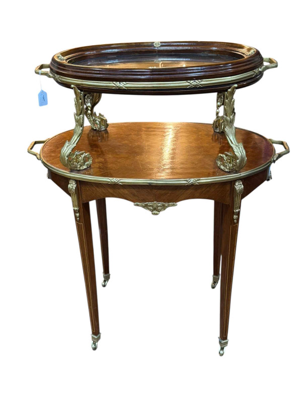 Continental walnut, gilt and glass topped etagé, 103 x 84 x 49cm.