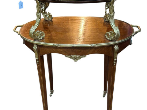 Continental walnut, gilt and glass topped etagé, 103 x 84 x 49cm.