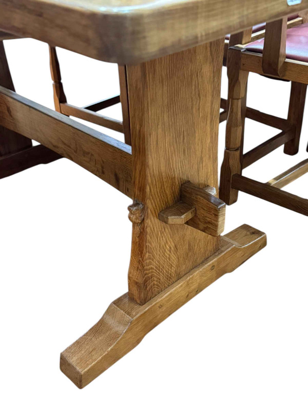 Colin 'Beaverman' Almack adzed top rectangular dining table, 76 x 82 x 152cm together with a set of six lattice back dining chairs including pair carvers.