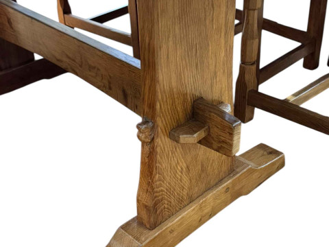 Colin 'Beaverman' Almack adzed top rectangular dining table, 76 x 82 x 152cm together with a set of six lattice back dining chairs including pair carvers. thumbnail