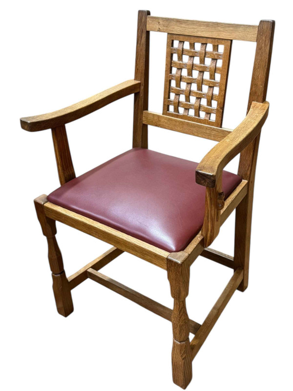 Colin 'Beaverman' Almack adzed top rectangular dining table, 76 x 82 x 152cm together with a set of six lattice back dining chairs including pair carvers.