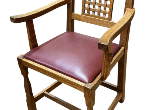 Colin 'Beaverman' Almack adzed top rectangular dining table, 76 x 82 x 152cm together with a set of six lattice back dining chairs including pair carvers. thumbnail