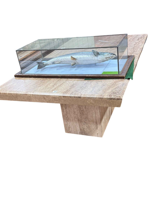 Travertine rectangular composite pedestal dining table, 74.5 x 100 x 170cm.