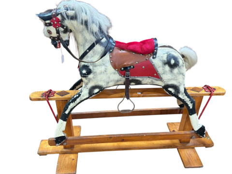Sponge painted rocking horse on pine safety stand, 97 x 122cm. thumbnail