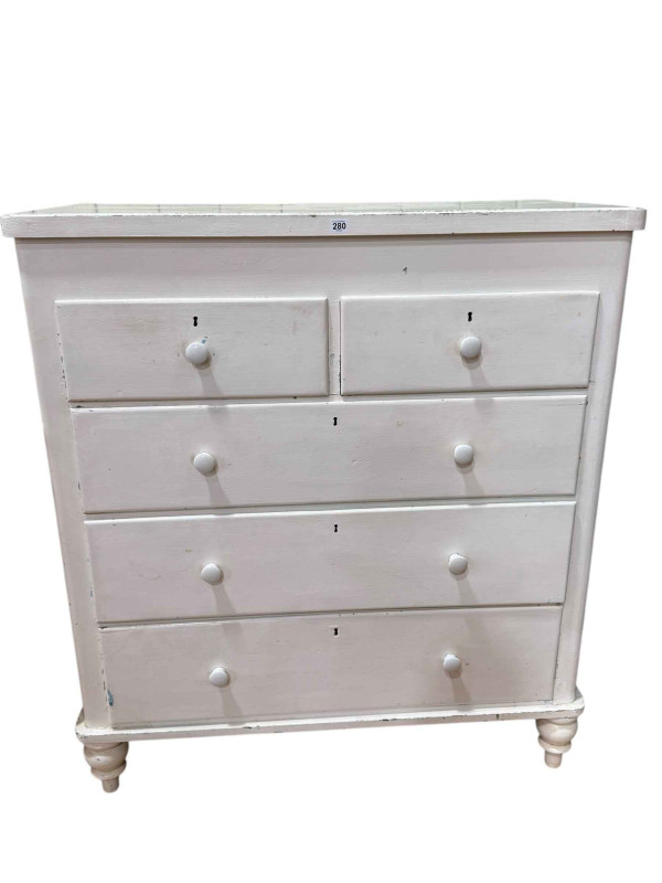 Victorian painted pine chest of two short above three long drawers on turned legs, 125.5 x 113 x 51cm.