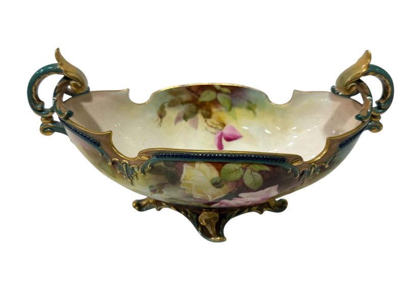 Royal Worcester boat shaped two-handled vase painted with roses, 24cm across.