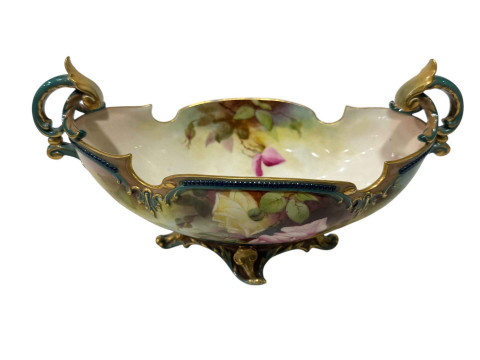 Royal Worcester boat shaped two-handled vase painted with roses, 24cm...