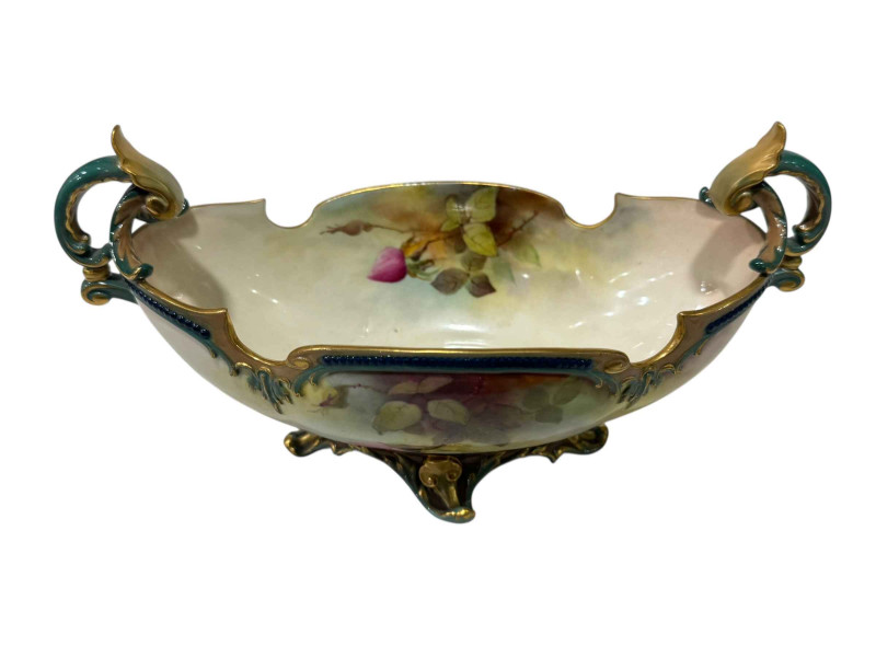 Royal Worcester boat shaped two-handled vase painted with roses, 24cm across.