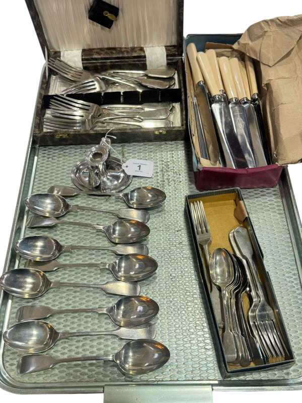 Small silver chamber candlestick and snuffer, and assorted silver plated cutlery.