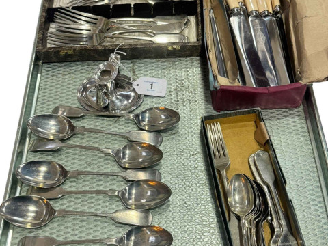 Small silver chamber candlestick and snuffer, and assorted silver plated...