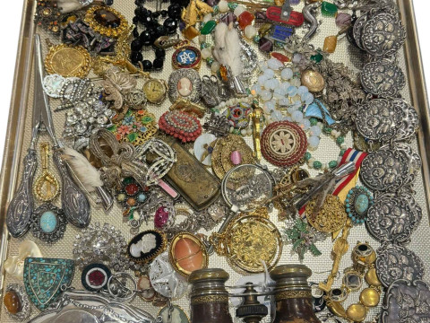 Collection of costume jewellery including silver, opera glasses, etc.
