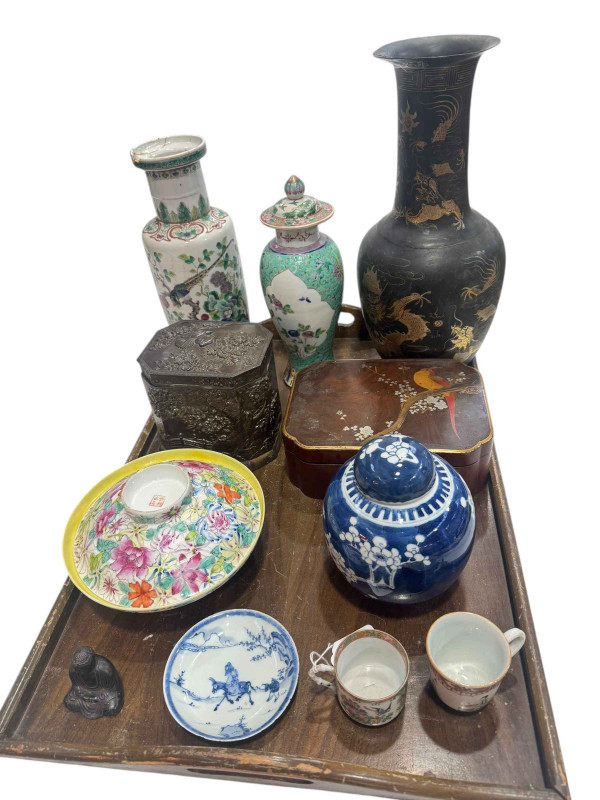 Oriental papier mache vase, Chinese vase, bowl and cover, prunus ginger jar, saucer dish, two cups, etc.