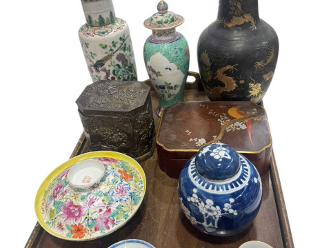 Oriental papier mache vase, Chinese vase, bowl and cover, prunus ginger...