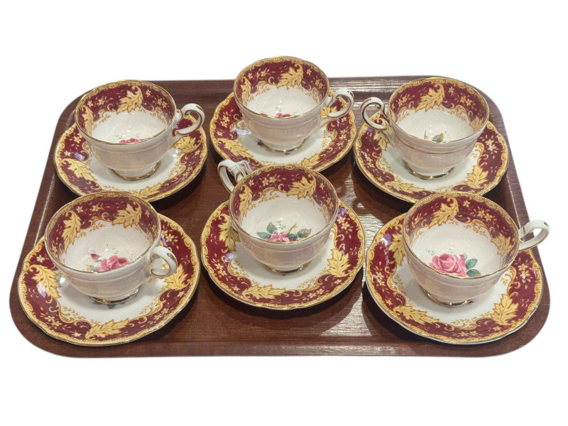 Set of six Paragon Rose decorated cups and saucers.