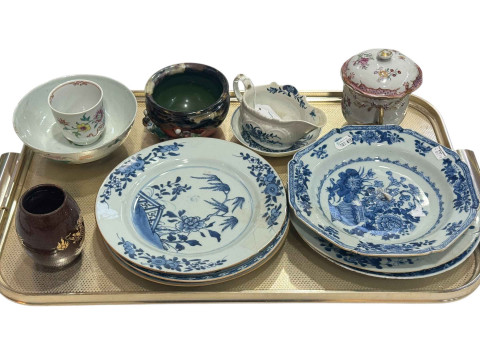 Selection of Chinese plates, two bowls and cup, Continental lidded cup,...