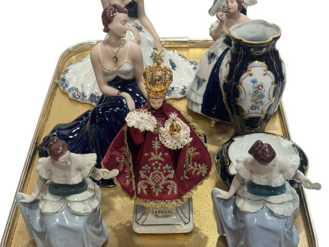 Royal Dux figurines, vase and ashtray.