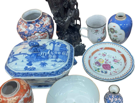 Collection of Oriental china including tureen and cover, vase, bowl, plates...
