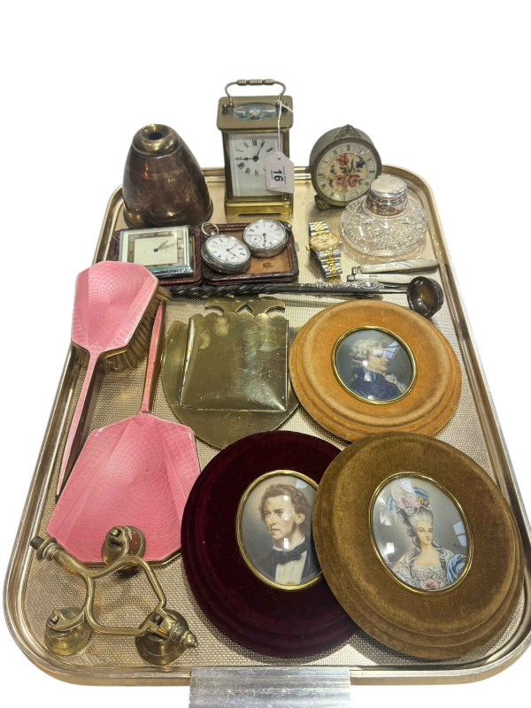 Two silver pocket watches, silver tody ladle and button hooks, three oval portrait miniatures, gilt carriage clock, brass wall tidy, inkwell, two silver penknives, triple bell horse brass terret, etc.