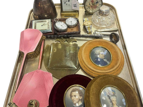 Two silver pocket watches, silver tody ladle and button hooks, three oval...