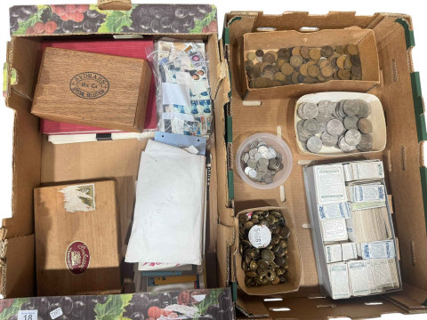 Two boxes of stamps, coins, cigarette cards, military buttons, etc.