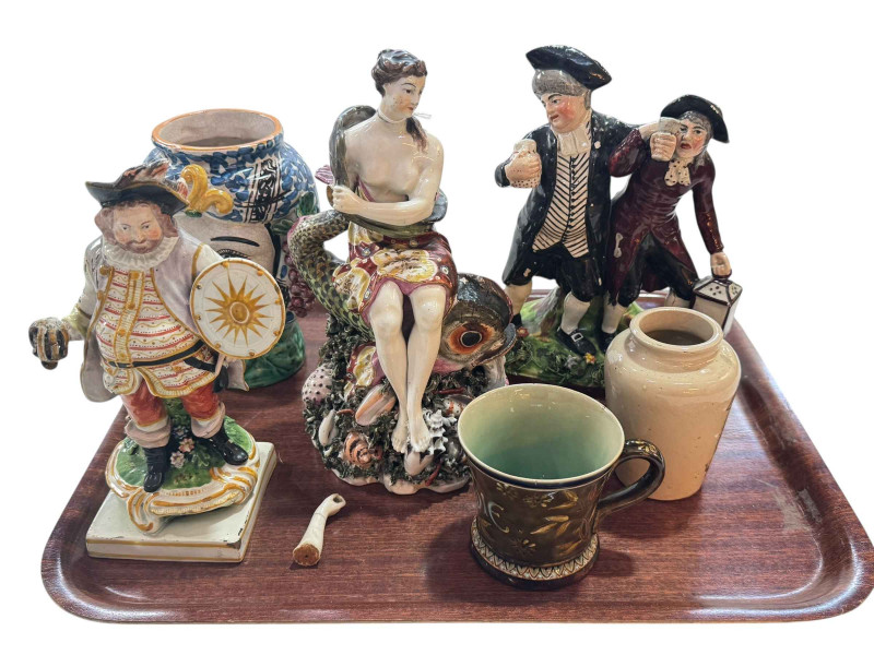 Staffordshire Pearlware Vicar and Moses group, Sicilian Moor Head vase, Falstaff figure, Derby figure, Doulton cup and vase.