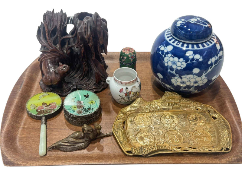 Small bronze risque figure, Chinese ginger jar, Oriental hardwood carving and collection of Eastern collectables.