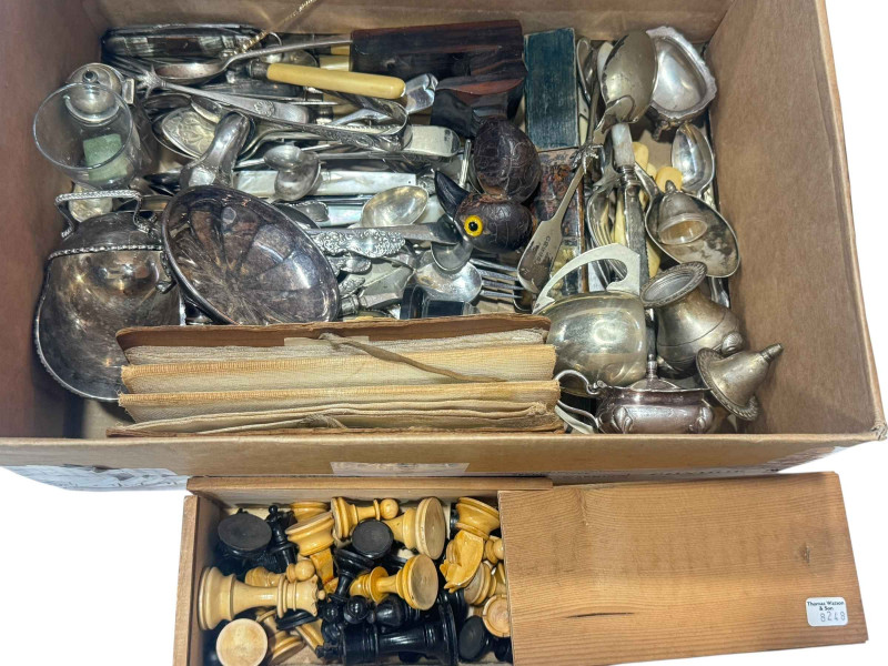 Box of silver plate, cutlery, chess set, map, etc.
