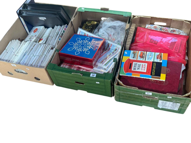 Box of first day covers and two boxes of various stamps.