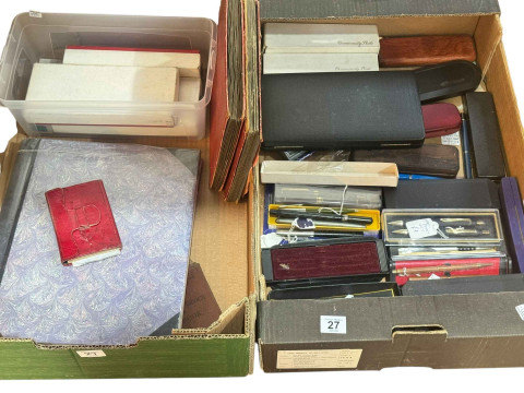 Album of POW post, photographs and ephemera, cigarette card albums, leather...