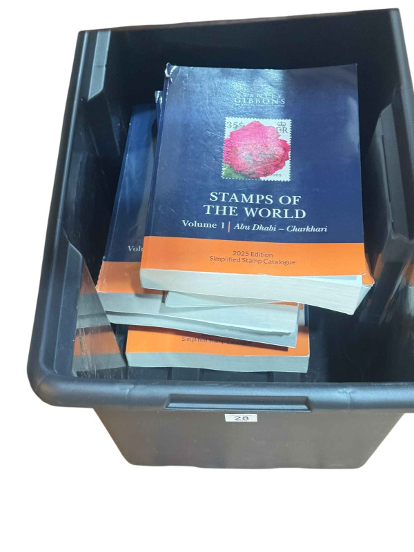 Six volumes of Stanley Gibbons 2025 stamp catalogues.