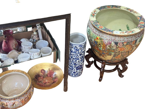Oriental fish bowl and stand, jardiniere, stick stand, Wedgwood, Ridgeways, various china and glass. thumbnail
