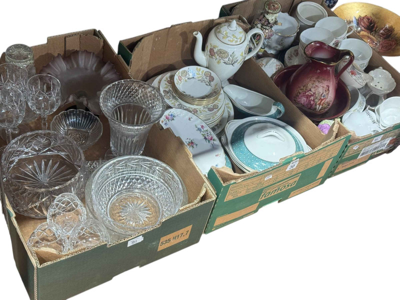 Oriental fish bowl and stand, jardiniere, stick stand, Wedgwood, Ridgeways, various china and glass.