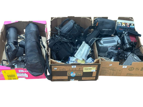 Three boxes of photographic equipment including Pentax camera, camcorder's,...