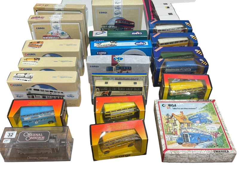 Collection of Corgi buses, boxed.