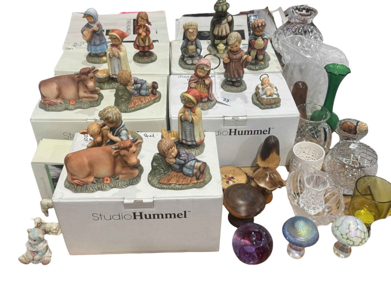 Studio Hummel Nativity figures, glasswares including paperweights, etc.