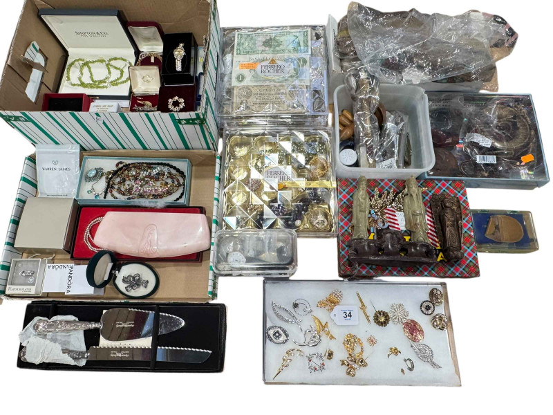 Silver handled cake knife and slice set, coins and banknotes, costume jewellery, soapstone carving and collectables.