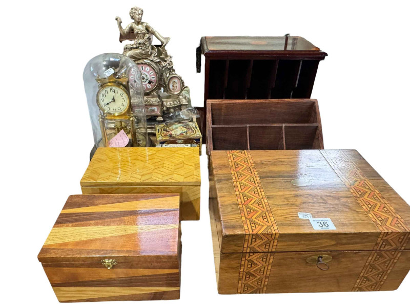French gilt metal mantel clock with enamel dial, anniversary clock, various boxes, letter rack and desk stand.