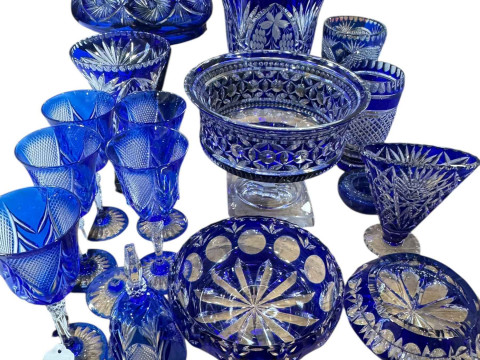 Collection of Bohemian Cobalt Blue glass including lamp, pedestal bowl,...