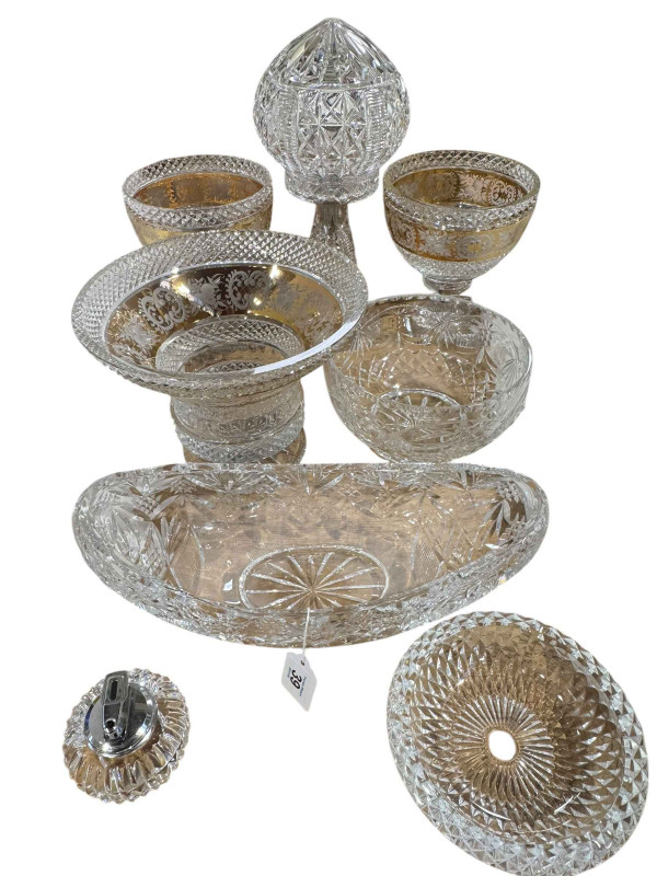 Bohemian glass pedestal bowl and pair of vases with gold band decoration, crystal table lamp and shade and other crystal glass.