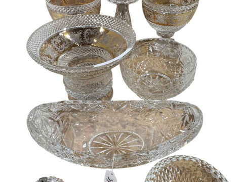 Bohemian glass pedestal bowl and pair of vases with gold band decoration,...