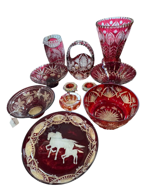 Collection of ruby decorated glassware including vases, bowls and horse decorated dish, etc.