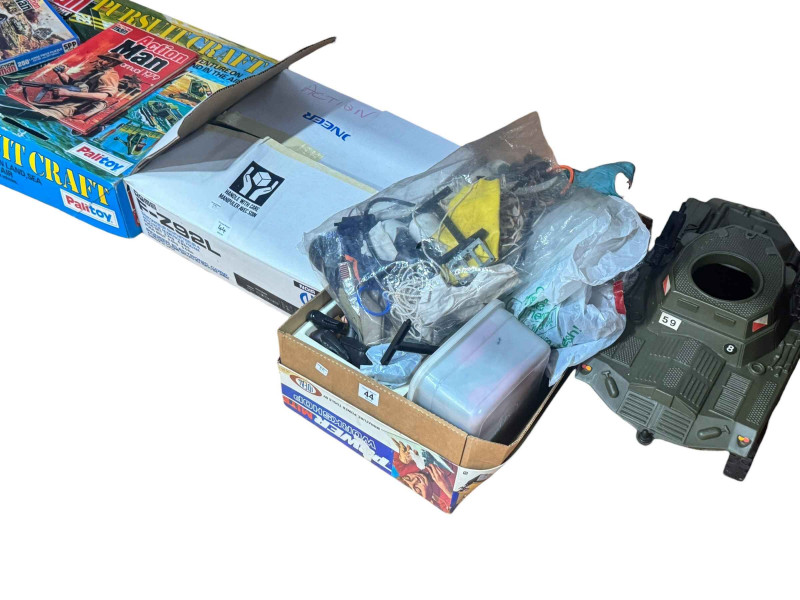 Action Man figures and accessories including tank, pursuit craft, etc.