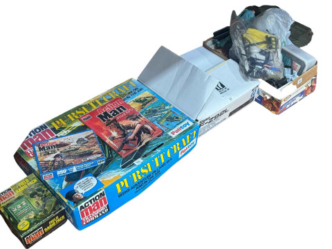 Action Man figures and accessories including tank, pursuit craft, etc.