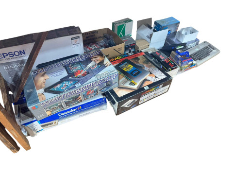 Assorted vintage computer equipment including Dragon 32, Commodore 64,...