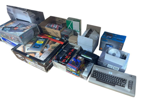 Assorted vintage computer equipment including Dragon 32, Commodore 64, Computer Battleship, etc. thumbnail