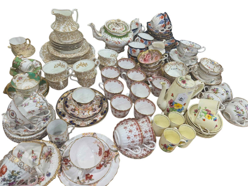Collection of assorted teawares including Spode Fleur de Lys, Dresden, Hammersley, Lawleys Coffee cans, saucers and coffee pot, etc.