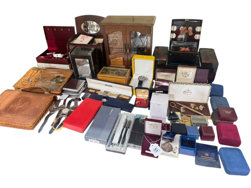 Collection of costume jewellery, wristwatches, Parker pens, two Egyptian leather bags, etc.