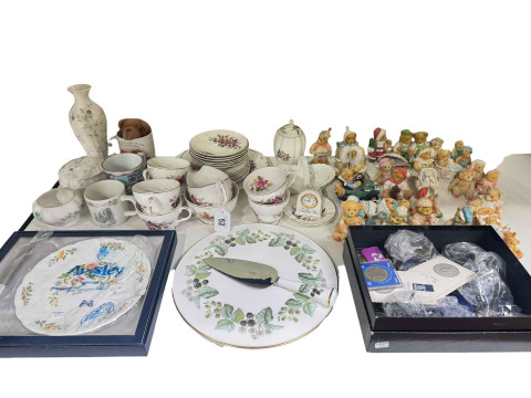 Assorted china, Cherished Teddies ornaments, assorted coinage, etc.